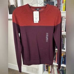 Uniqlo Extra Fine Merino Crew Neck Sweater, color block, XS, russet/aubergine